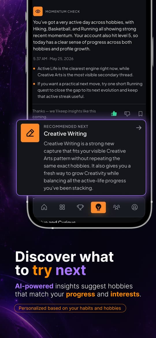 Get personalized nudges from your own activity — Momentum Check and Recommended Next insight cards suggesting Creative Writing as a fit.