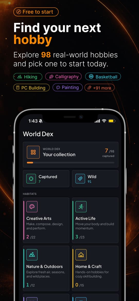Pick from 98 real-world hobbies and start one today — the HobbyDex World Dex with habitats for Creative Arts, Active Life, Nature and Outdoors, and Home and Craft.