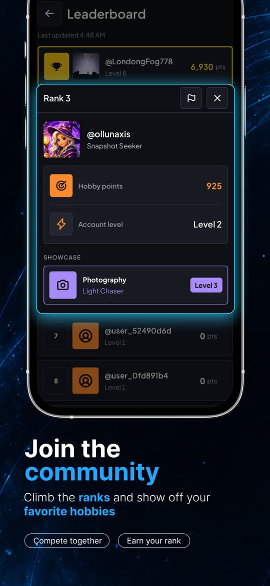 See where you rank across hobbies — Leaderboard with a Snapshot Seeker profile, hobby points, and a Photography Light Chaser title.