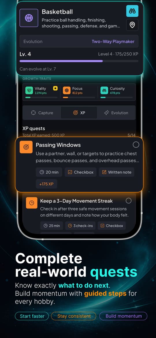 Know exactly what to do next — Basketball at Level 4 with a Passing Windows XP quest, growth traits, and a 3-day movement streak quest.