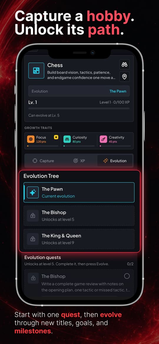 Earn new titles as you go — the Chess evolution tree with The Pawn, The Bishop, and The King and Queen unlocking at later levels.