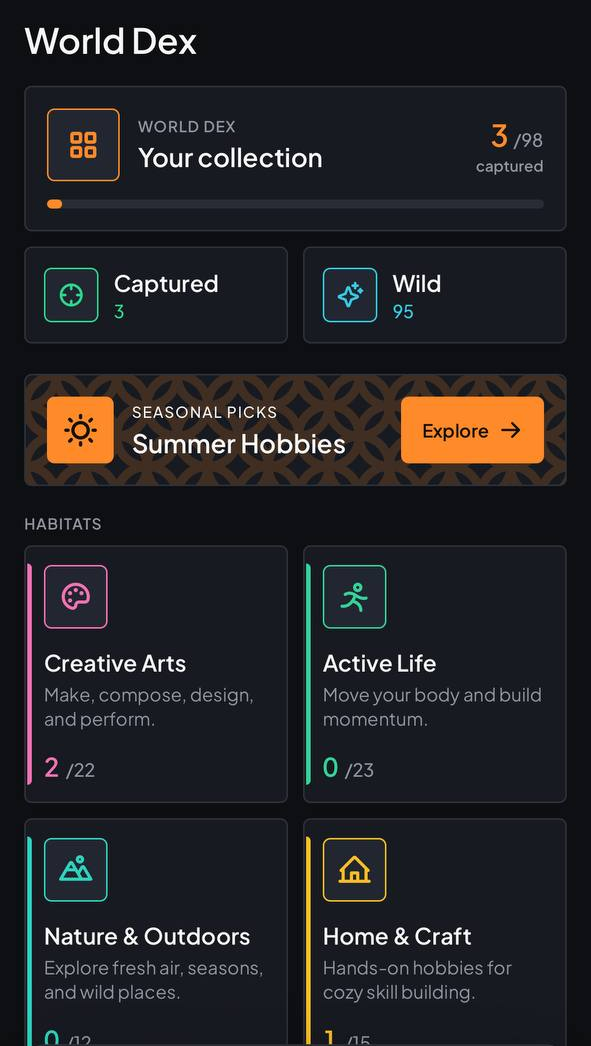 HobbyDex World Dex screen: 3 of 98 hobbies captured, with a Summer Hobbies Seasonal Picks card and habitat cards for Creative Arts, Active Life, Nature & Outdoors, and Home & Craft.