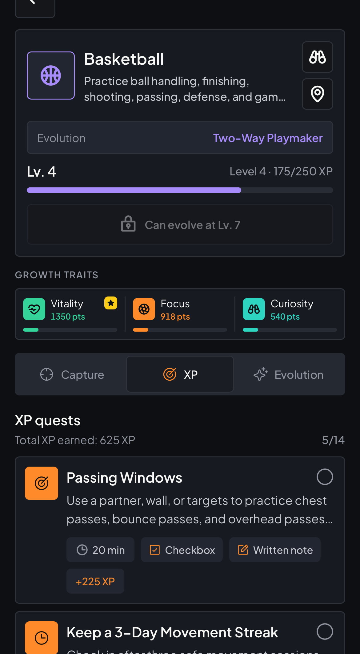 HobbyDex hobby detail screen for Basketball at Level 4, showing growth traits and XP quests.