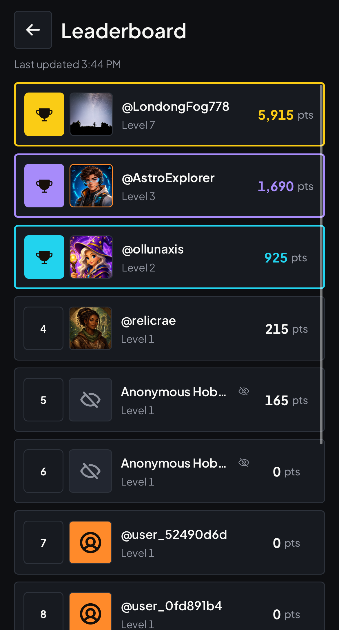 HobbyDex Leaderboard ranking players by total points, with top three highlighted and an anonymous-hobbyist option.
